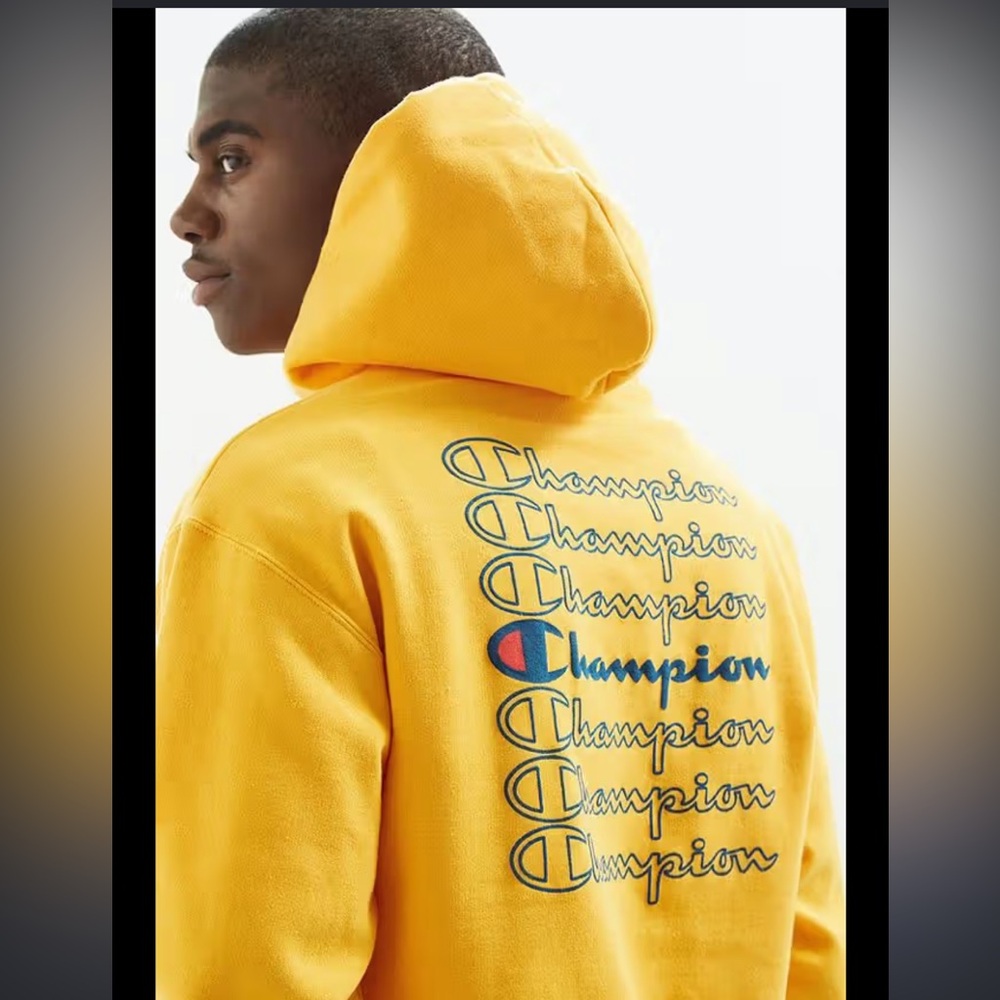 Champion Reverse Weave Repeat Logo Skater Indie Streetwear Hoodie Mustard Yellow